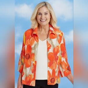 2/$30 Alfred Dunner Long Sleeve Orange Red Floral Lightweight Jacket(#1,542)(C)